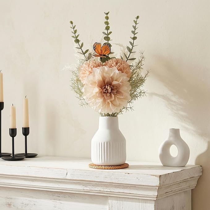 Small Fake Flowers in Vase 14" Centerpiece Table Decorations Silk Flowers Arrangements Ceramic Vase Dahlia Chrysanthemum Artificial Flowers Bouquet for Bathroom Dining Room Kitchen Wedding (White)
