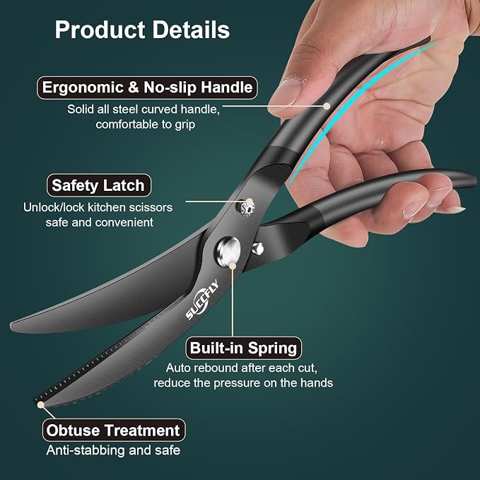 SUCCFLY Kitchen Shears Heavy Duty, Premium Kitchen Scissors Stainless Steel, 8.8" Poultry Shears Ultra Sharp for Bone Chicken Meat, Food Scissors Anti-Slip Handle, Black Titanium Plated, Spring Loaded