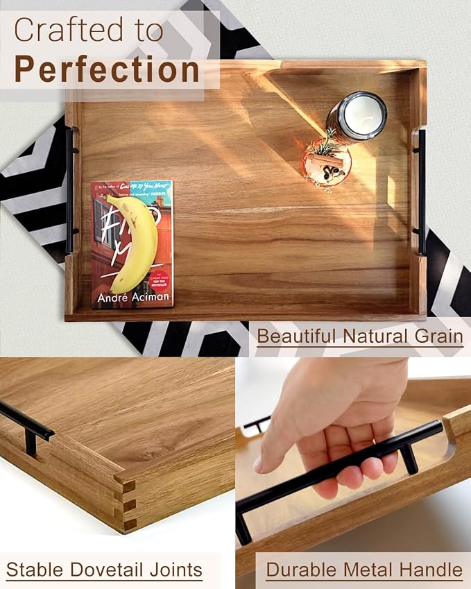 22 inches Acacia Wood Rectangular Ottoman Serving Tray with Metal Handles | Large Decorative Wooden Tray for Living Room Kitchen Coffee Table Couch Bed