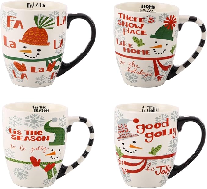 Topadorn 18 oz Christmas Mugs Set of 4, Ceramic Coffee Cups with Snowman & Christmas Hat Design - Gift for Family and Friends, Ideal for Holiday Party, Hot Chocolate, Tea