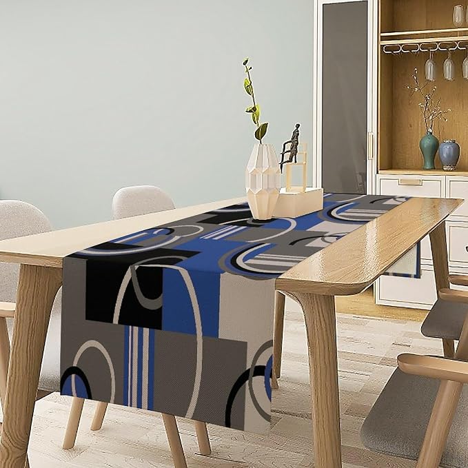 Modern Geometric Table Runner Abstract Blue Black Gray Minimalist Contemporary Geometry Circle Swirls Dinner Runner for Kitchen Dining Holiday Party Decor 13x120in