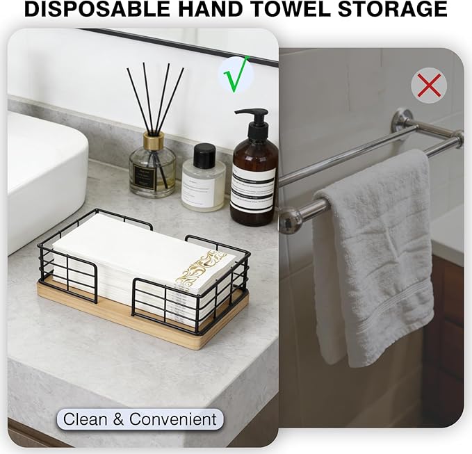 Kordory Wooden Guest Towel Holder Tray for Bathroom, Black Bamboo Counter Rectangular Bathroom Napkin Holder for Ktichen, Disposable Hand Towel Holder Tray for Home, Bar, Hotel, Office(Natural Wood)