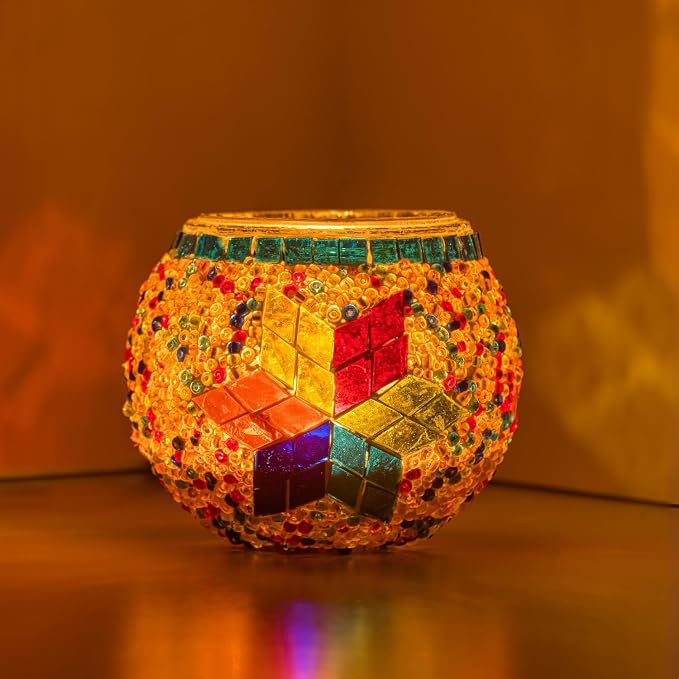 KAFTHAN Mosaic Glass Large Single Candle Holder - Round Bowl, Plant Pot, Votive Candle Holder - Decorative Vase & Unique Table Centerpiece for Wedding, Ball & Home - (3.7" x 3.5", Multicolor Star)