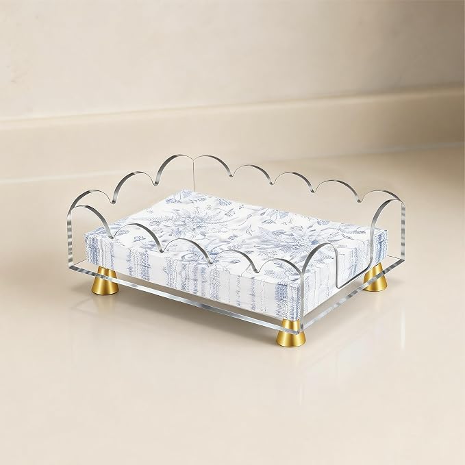 Acrylic Napkin Holder with Gold Metal Feet - Elegant Clear Tissue Organizer for Bathroom, Dining Table & Vanity (Rectangle)