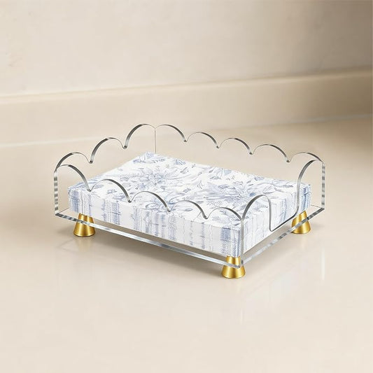 Acrylic Napkin Holder with Gold Metal Feet - Elegant Clear Tissue Organizer for Bathroom, Dining Table & Vanity (Rectangle)