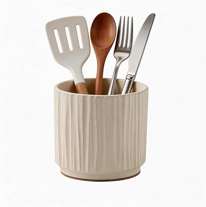Utensil Holder for Kitchen Counter Ceramic Utensil Crock Organizer for Countertop, Heavy Large Holder for Spatulas, Spoons, Kitchen Counter Decor Rustic 5.5 Inch, Vintage Farmhouse White