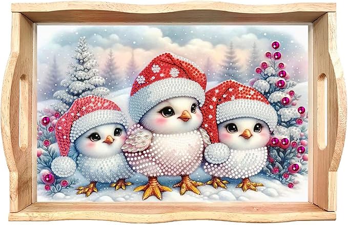 DIY Diamond Serving Tray Diamond Art Painting Creative Design Handmade Wooden Tray Dinner Plate for Coffee Breakfast Home Organizer-Christmas Bird