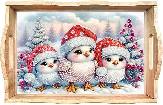 DIY Diamond Serving Tray Diamond Art Painting Creative Design Handmade Wooden Tray Dinner Plate for Coffee Breakfast Home Organizer-Christmas Bird