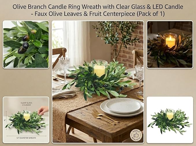 Svndlyn Artificial Olive Branch Candle Ring with Glass Hurricane, 14" Faux Greenery Wreath Centerpiece for Dining Table, Farmhouse Mantel Decor, Rustic Wedding & Year Round Arrangement