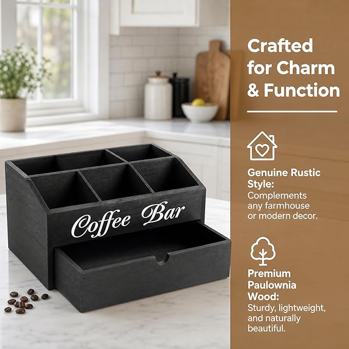 Coffee Station Organizer - Double Layer with Drawers, Country Style Coffee Bar Organizer, Farmhouse Coffee Capsule Storage Basket, Natural Solid Wood Material(Black Double Layer)
