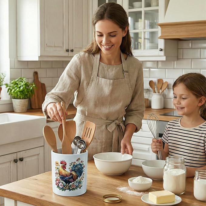 MyGift Farmhouse Rooster Floral Ceramic Kitchen Utensil Holder – Decorative Crock for Cooking Utensils, Flatware, and Countertop Storage