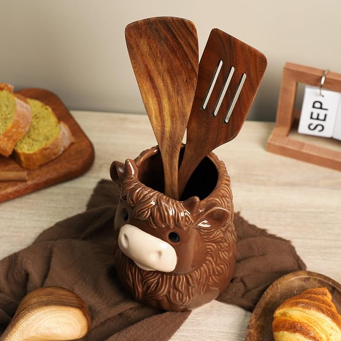 Ceramic Highland Cattle Kitchen Utensil Holder, Large Cooking Utensil Crocks for Countertop, Utensil Organizer