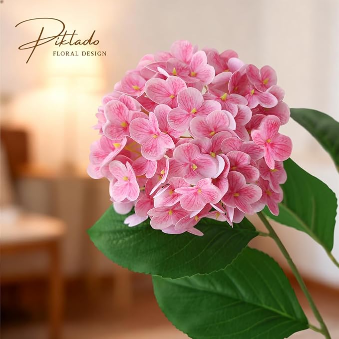 A Bunch 21in, Real Touch Pink Hydrangea Artificial Flowers,with 5pcs Flower Head 10pcs Leaves, Faux Hydrangea Flowers for Home Office Decor Wedding Party Arrangements (1, Pink)
