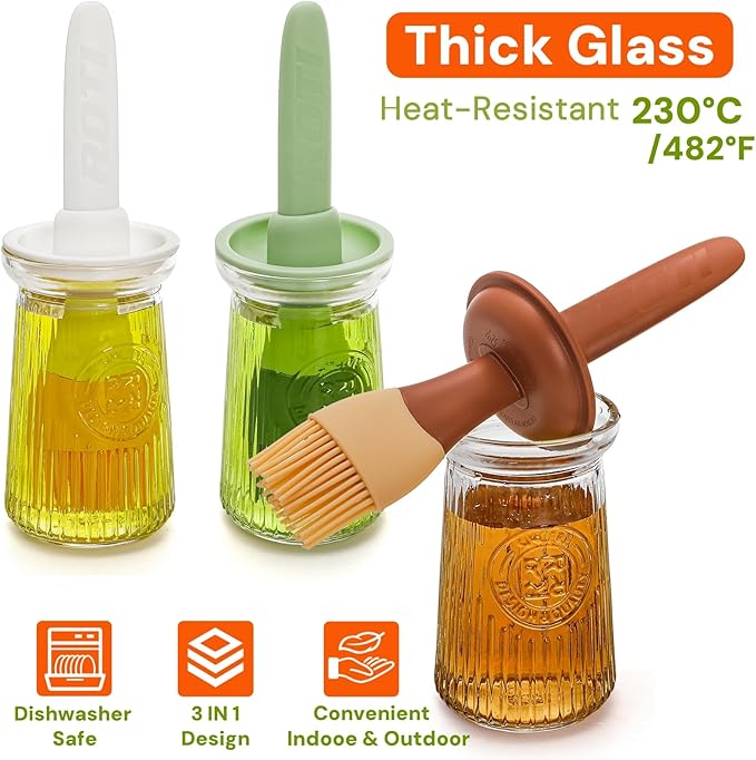 3 Pack 200 ml Oil Dispenser with Brush, 3 IN 1 Glass Olive Oil Dispenser Bottle, Heat Resistant Silicone Basting Brush for Kitchen, Cooking, BBQ, Grilling, Frying, Baking, Sauce