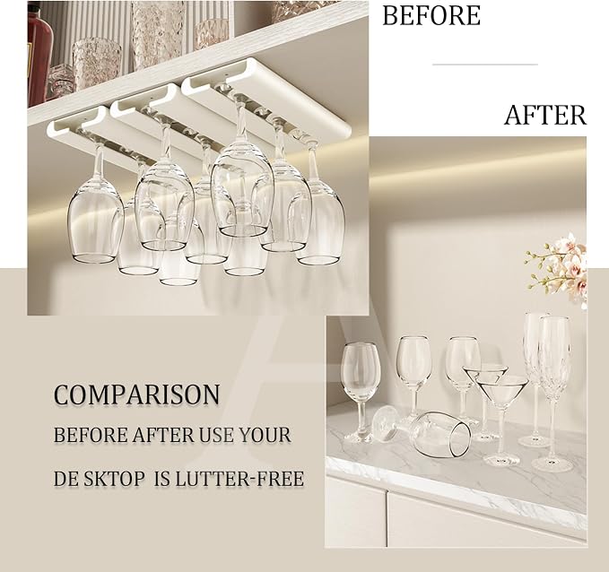 4Pack Wine Glass Rack, Punch-free Under Cabinet Stemware Rack for Kitchen and Bar (White)