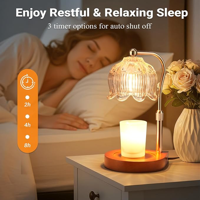 Candle Warmer Lamp with Timer Dimmer, Adjustable Height Candle Lamp Warmer for Jar Candles, Flower Glass Wax Melt Warmer with 2 Bulbs, Flameless Home Decor Gifts for Women Mom, Housewarming