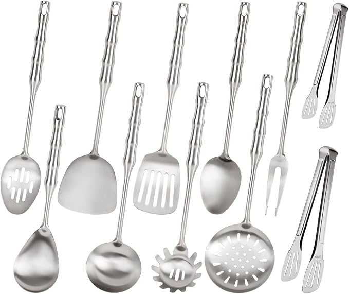 304 Stainless Steel Kitchen Utensils Set, 11PCS Metal Cooking Utensil Sets, Stainless Steel Cooking Utensils Set Include Meat Fork, Tongs, Turner, Soup Ladle, Dishwasher Safe