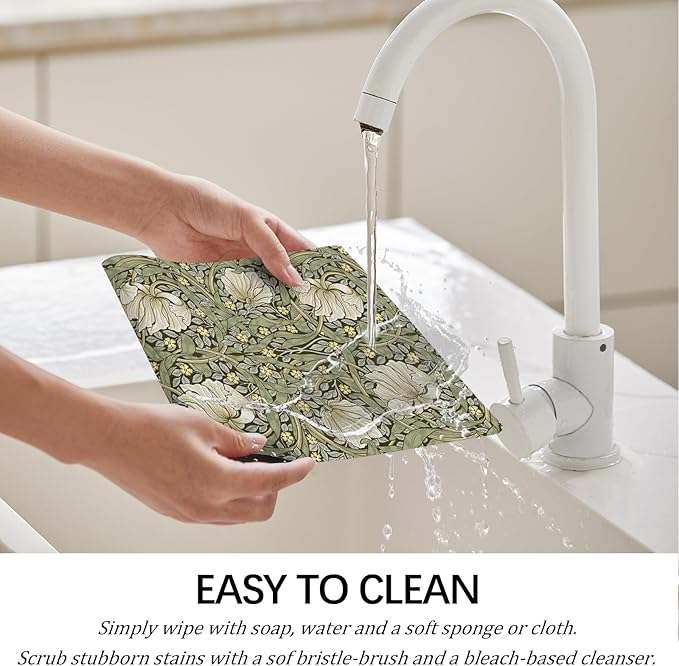 William Morris Placemats Set of 6 Vintage Floral Green Botanical Washable Heat Resistant Place Mats for Dining Table Cottagecore Linen Woven Wipeable Table Mats Kitchen Decor 11.8"X17.7"