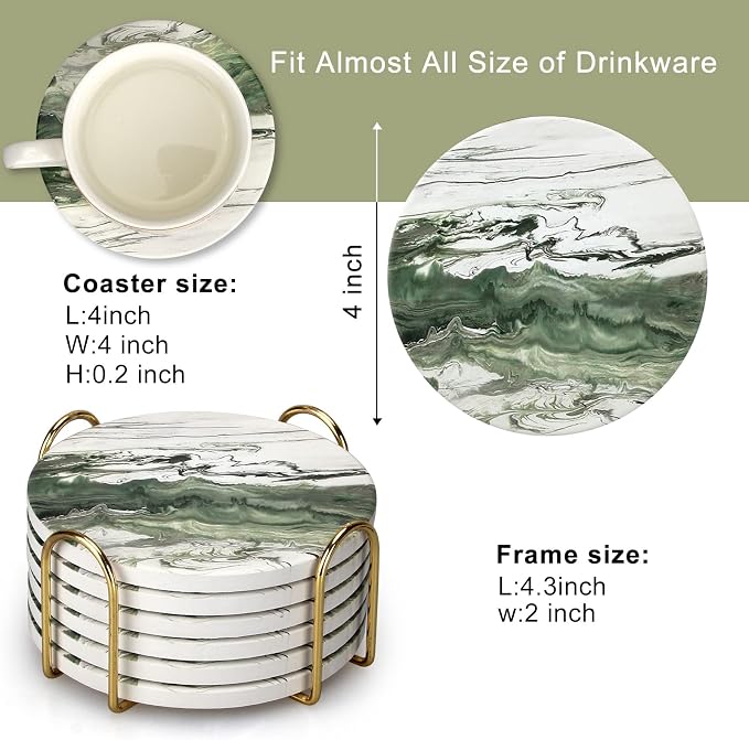 6 Pcs Green Ceramic Coasters with Holder Round Cool Drink Best Modern Absorbent Coaster Set for Coffee Table, Art Decorative Coasters, Bar, Farmhouse, Outdoor Cup Coaster Gifts