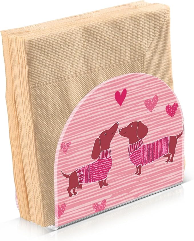 Napkin Holder Acrylic Napkin Holder for Table Kitchen Party Restaurant U Shaped Upright Napkin Dispenser Organizer Pink Striped Dachshunds and Hearts