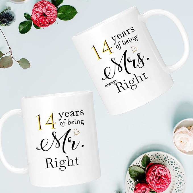 14th Anniversary Coffee Mugs Set of 2, 14 Year Anniversary Wedding Gifts Decorations for Couple Parents Men Women Husband Wife Him Her, Gift Box Packaging, 11oz