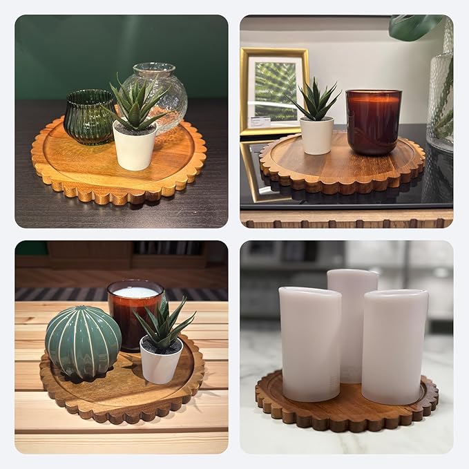 Small Wooden Decorative Tray,10 Inch Round Acacia Scalloped Tray for Coffee Table Decor,Bandeja de Madera para Decoración for Kitchen, Dining Room, Living Room and Home Decor