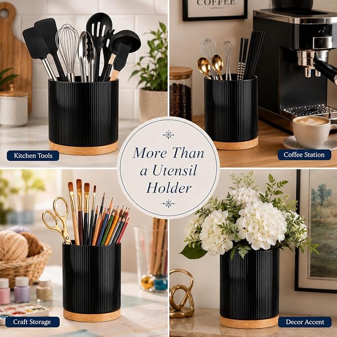 QUELIEN Utensil Holder, 360° Rotating Ceramic Kitchen Utensil Holder for Countertop, 7.7" Utensil Crock for Kitchen Counter with Rotatable Wooden Base,Ideal Housewarming Gift & Mothers Day Gift