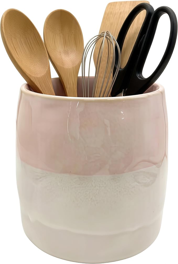 Large Ceramic Utensil Holder for Kitchen Counter, Modern Utensil Crock Organizer (Pink)
