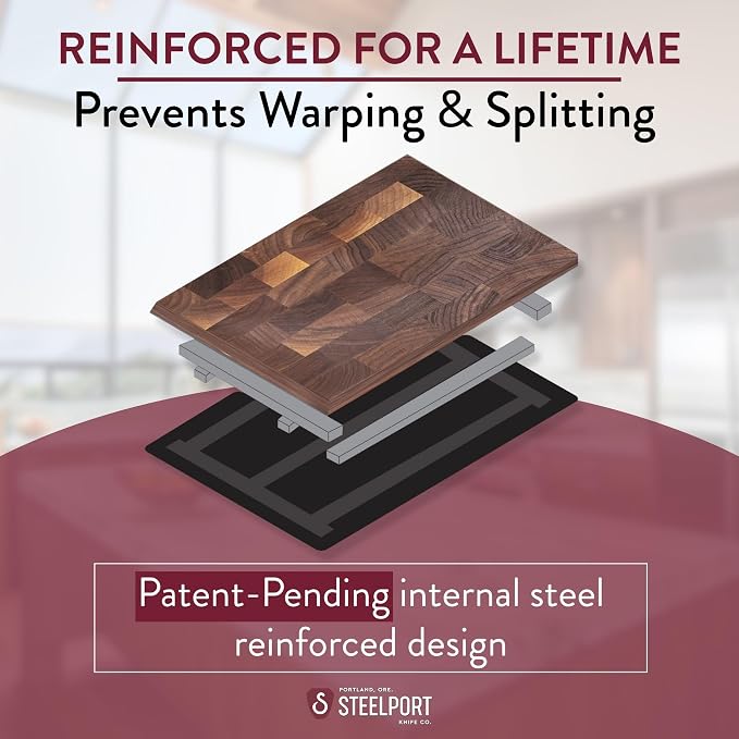 STEELPORT Small Cutting Board 9"x6" - Steel Reinforced, Utlra-thin Butcher Block | Dual Sided - End-grain Walnut Wood, Composite Side | Chopping Board with Juice Groove | USA Made for Home, Chefs