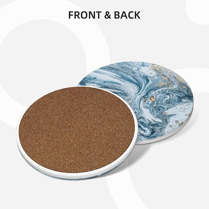 Royal Blue Marble 6Pcs Coaster Set with Holder Round Ceramic Coasters Modern Abstract Teal/Aqua Blue Marbling Absorbent Cup Drink Coasters Set for Modern Coffee Table Bar Wine Beer Stone Coasters