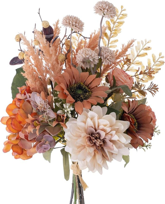 17-inch Artificial Fake Faux Flowers Silk Flower Arrangements Bouquets with Dandelions, Dahlias, Hydrangeas, Sunflowers, Roses, Astilbes and Shooting Star Branches(Autumn Haze)