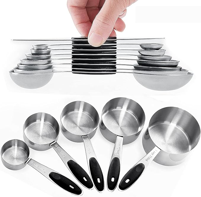 Measuring Cup and Magnetic Measuring Spoons Set, 5 Stainless Steel Nesting Measuring Cup & 7 Double Sided Stackable Magnetic Measuring Spoons & 1 Leveler, for Cooking Dry and Liquid Ingredient