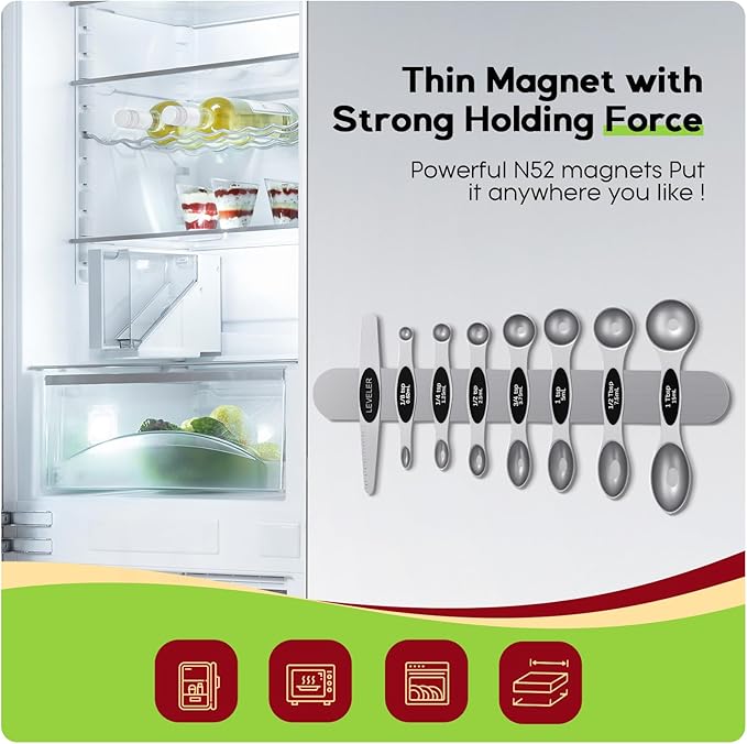 Magnetic Measuring Spoons Set with Strong N45 Magnets, Heavy Duty Stainless Steel Metal, Fits in Most Kitchen Spice Jars for Baking & Cooking, BPA Free, Multicolor, Set of 8 with Leveler（Black)