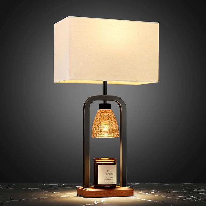 PoKat 21.5'' Lamp Candle Warmers Set of 2 Black, Farmhouse Candle Warming Lamps with Timer Dimmer & Wood-Like Base, Warmer Lamp Jar Candles, Table Lamps for Bedroom End Table Decor, Bulb Included