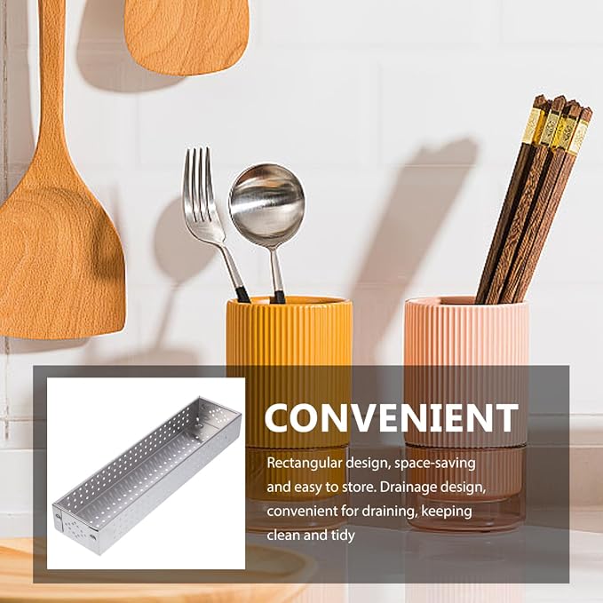 Hemoton Stainless Steel Utensil Holder Large Capacity Cutlery Storage Box with Drainage Design Rectangular Organizer for Kitchen and Restaurant