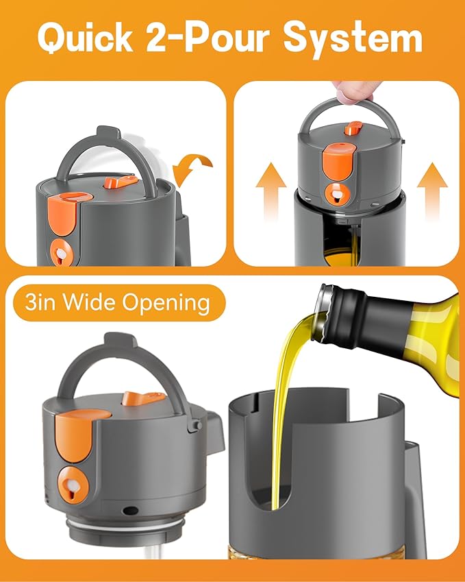 OURCABECUE Upgrade 2 in 1 Oil Sprayer for Cooking, 17oz Light-Blocking Glass Olive Oil Dispenser Bottle for Kitchen,Food-Grade Oil Mister with 8 Stickers for Salad, Frying (Grey)
