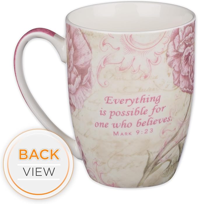 Christian Art Gifts Botanic Pink Butterfly Ceramic Coffee Mug – Inspirational Coffee Cup for Women & Men 12 oz. Lead-free Microwave and Dishwasher Safe Coffee Mug with Bible Verse: Believe - Mark 9:23