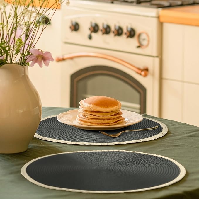 Noctiflorous Braided Round Placemats Set of 6, 15 Inch Woven Table Mats, Non-Slip Washable Thin Edge Place Mats for Kitchen Dining Table Decor (Dark Gray, 6)