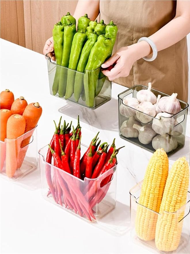 Crystal Clear Freezer Storage Bins, Clear Plastic Bins for Refrigerator and Pantry,4 Pack Stackable Kitchen Organizer with Handles,for Frozen Food Meat Veggies Snacks(Green(2S+2L))