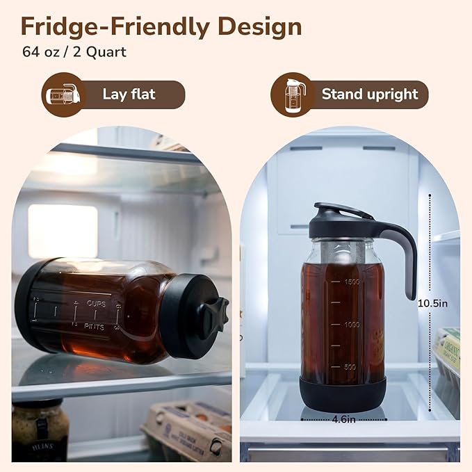 64 oz Cold Brew Coffee Maker with Stainless Steel Filter, 2 Quart Glass Mason Jar Pitcher with Pour Spout Lid, Iced Coffee Maker for Fridge, Wide Mouth, Leak-Resistant, Non-Slip Silicone Base