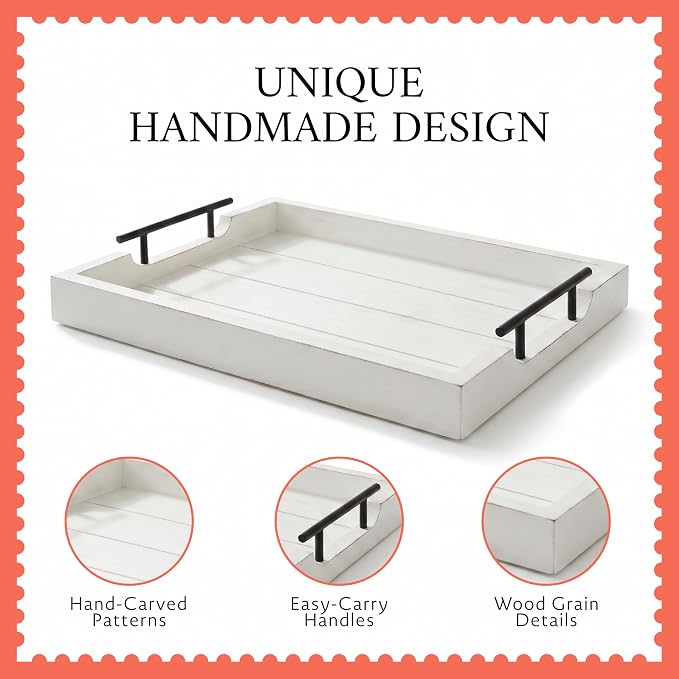 Mela Artisans 16 x 13 x 2.25 in Acacia Wood Serving Tray with Handles – Shabby White Rectangular Wooden Tray for Breakfast in Bed, Coffee Table Decor & Home Display