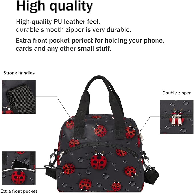 Pardick Funny Animal Ladybug Insulated Lunch Bag with Detachable Shoulder Strap Tote Bag for Women Men Adult Reusable Containers Organizer Thermal Cooler Bag for School Work Travel Lunch Box
