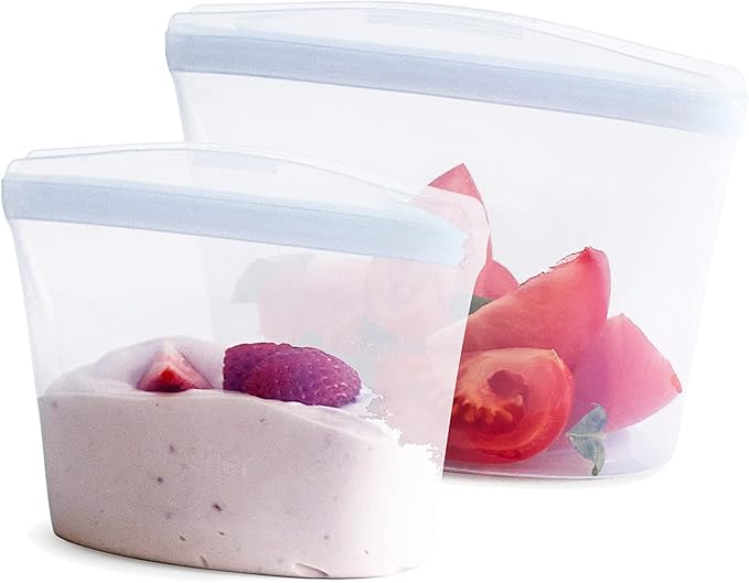 Stasher Reusable Silicone Storage Bags & Bowls Bundle | 2-Pack Clear Bowls + Aqua Snack Bag