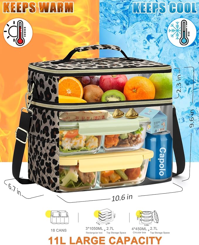 Capolo Lunch Box for Women Men Adults,Double Deck Insulated Lunch Bag Leakproof Lunch Cooler Box with Removable Strap Lunch Tote Bags Reusable Thermal Lunchbox for Work Picnic(Large,Leopard)