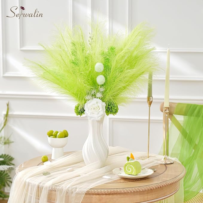 Serwalin 60PCS Pampas Grass Home Decor, 17.7Inch Light Green Faux Pampas Grass Bulk Boho Decor for Vase Filler for Home Wedding Table Centerpiece Christmas Decor