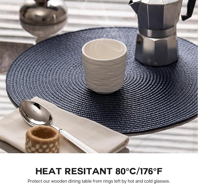 Baroyal Round Placemats Set of 4 Plastic Woven Placemats Washable Wipeable Table Mats for Dining Table Heat Resistant Non-Slip Circle Place Mats (Navy Blue)
