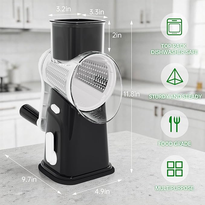 Ourokhome Rotary Cheese Grater Cheese Shredder with 5 Interchangeable Blades, Rotary Grater with Non-slip Suction Base Hand Crank Slicer for Vegetable Nuts Black