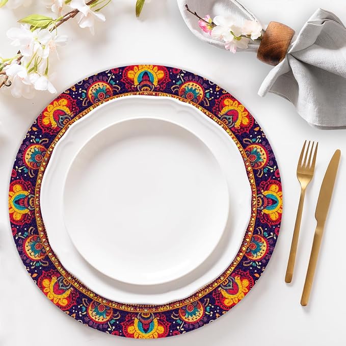 Round Placemats Set of 4, Colorful Boho Pattern Woven Placemats Mats Non-Slip Heat Resistant Washable Table Mats Round Braided Place for Farmhouse Kitchen Dining Party Decor 15in