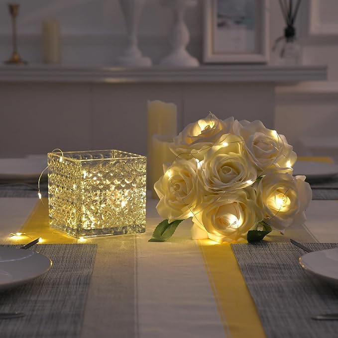 Fule Artificial Silk Rose Flower Centerpiece Arrangement in Glass Vase with LED Light for Home Wedding Decoration (Ivory)