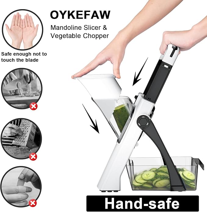 Safe Mandoline Slicer for Kitchen, 6 in 1 Vegetable Chopper, French Fry Cutter For Potatoes, Potato Slicer,Food Chopper,Adjustable Thickness 0.1-8 mm, With Peeler/Cleaning Brush (Black)